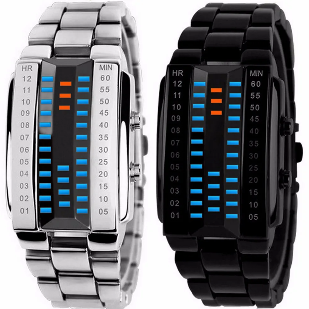 Новые Creatieve люкс Lovers 'Horloge Mannen 2018 Staal blue Binary Lichtgevende светодиодный Электронный