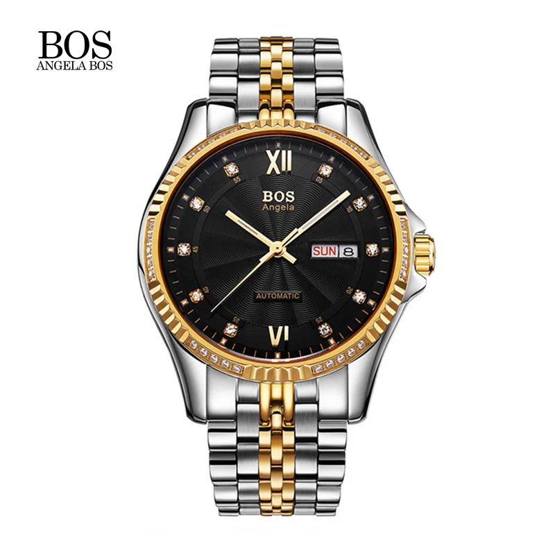 

Angela BOS Timepiece Women Watches Unique Gear 3D Carving Gold Skeleton Mechanical Automatic Watch Men Steel Luminous Brand