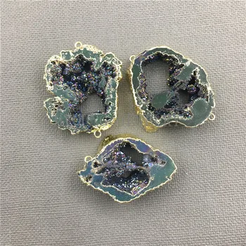 

MY0423 Freeform Titanium Rainbow Geode Slab Connector Beads,Green Crystal Druzy Raw Quartz SliceNecklace Pendant Jewelry Making