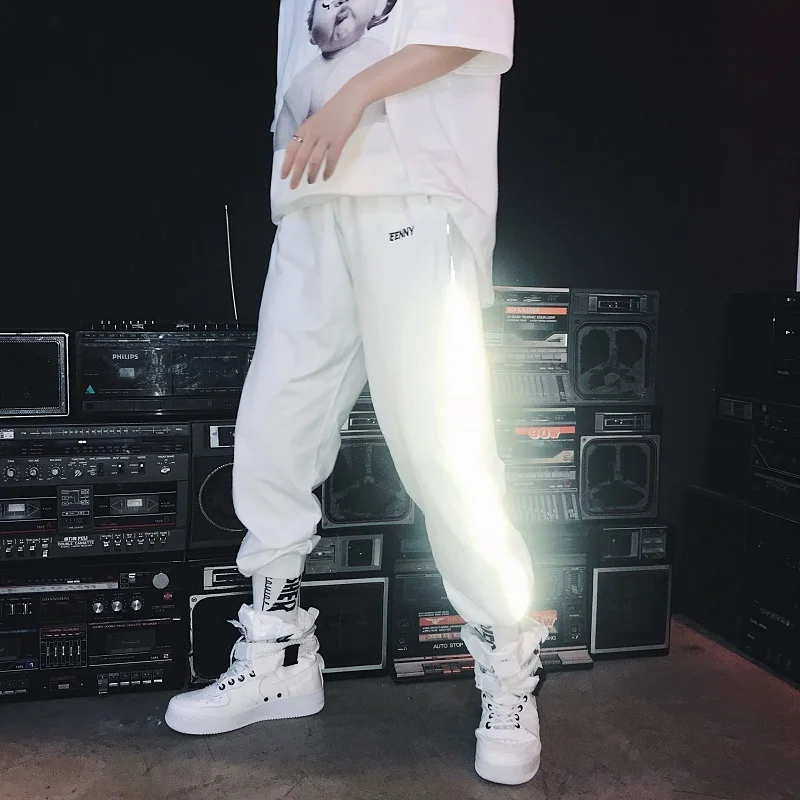 

Reflect Night Shining Sweatpants joggers men Summer Hip hop style Ankle length trousers Black White
