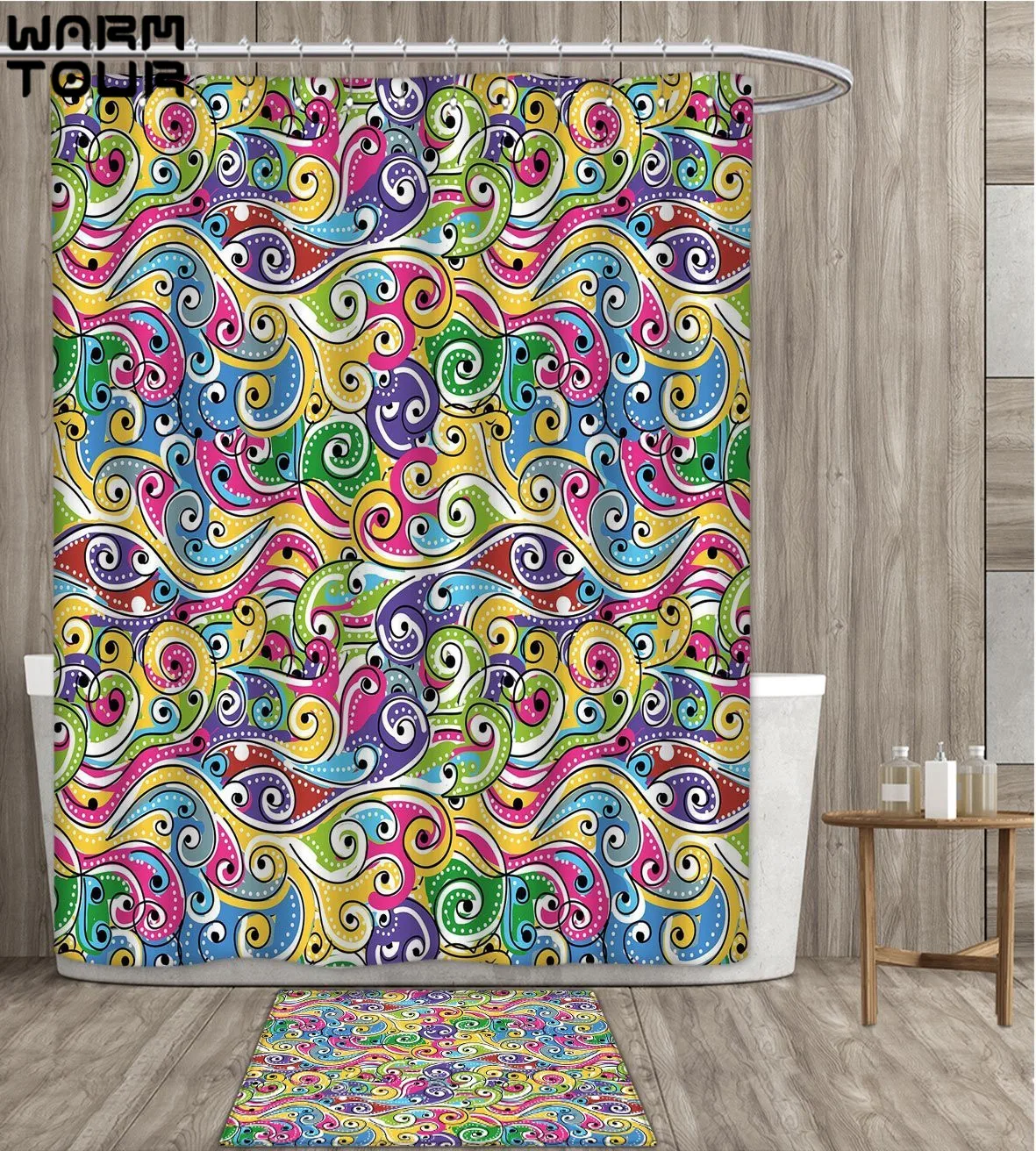 Wave shower curtain 3D Digital Printing Funky Colored Curves with