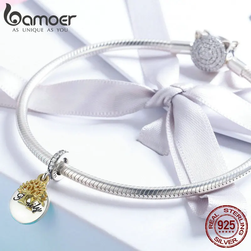 BAMOER Fashion New 925 Sterling Silver Family Tree Gold Color Tree CZ Charm fit Women Bracelets Necklaces DIY Jewelry SCC816
