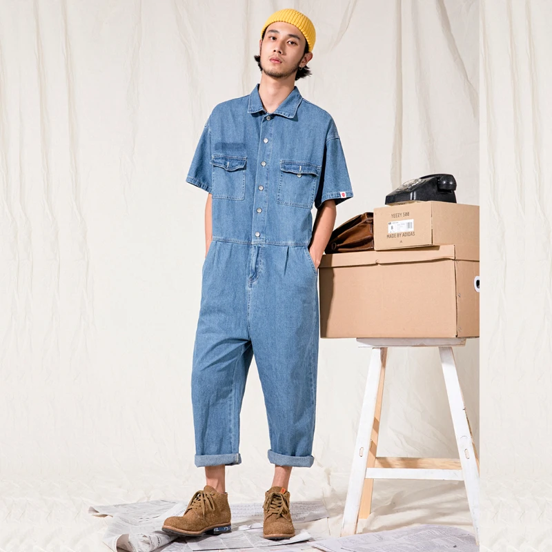 

2019 new denim jumpsuit men's Japanese loose large size jumpsuit short-sleeved tooling jumpsuit tide