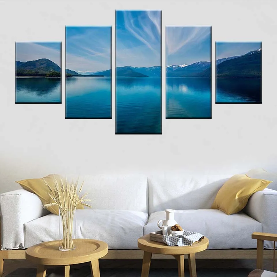 

Living room decorative wall art printing Nordic poster 5 pieces lake mountain blue sky white clouds landscape canvas picture