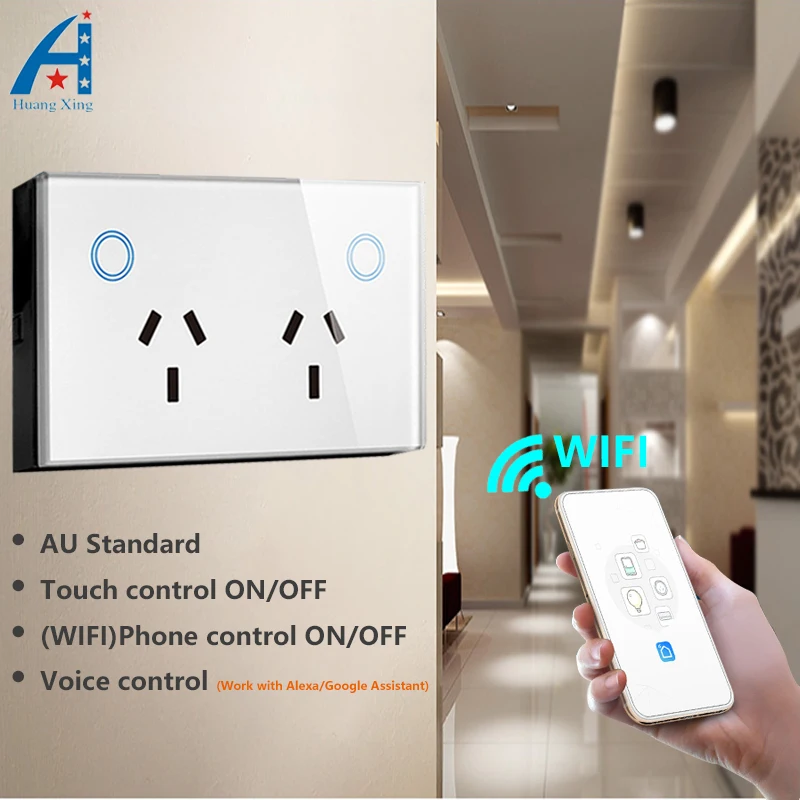 

AU 3 Pin Plug WIFI Smart Socket 15A, APP control Double socket ON/OFF and Voice Control, Can works for Alexa/Google Assistant