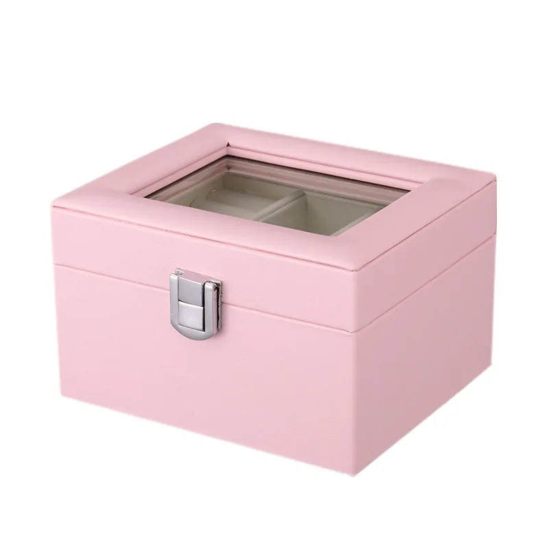Новинка, двухслойная квадратная коробка для ювелирных изделий, Женский Портативный кожаный чехол для ювелирных изделий, Женский органайзер для драгоценностей, коробка для переноски с окошком - Цвет: Pink