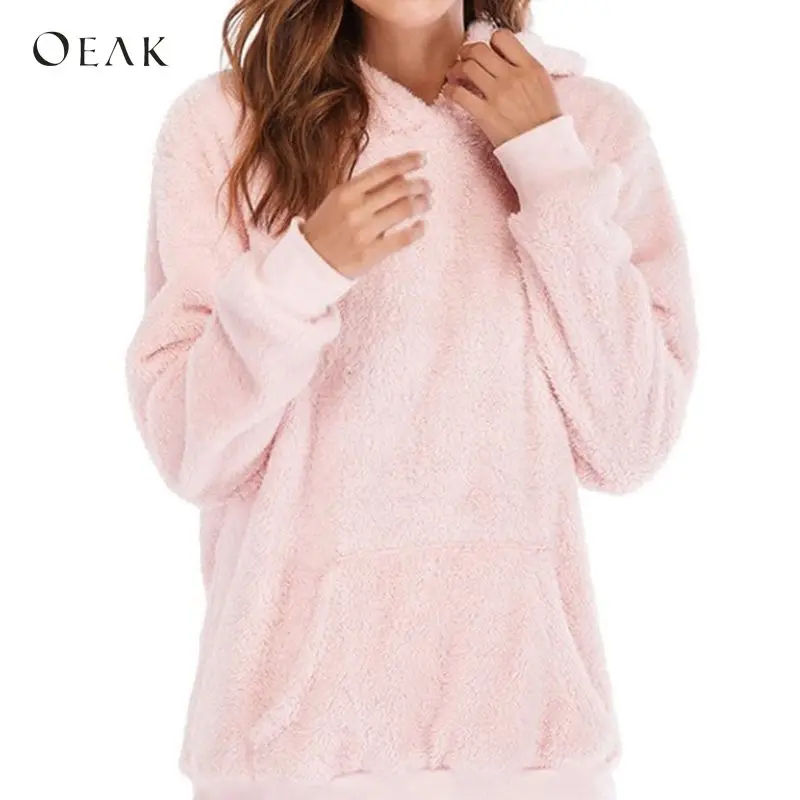 

OEAK Autumn Soft Faux Fur Hoodies Women Long Sleeve Warm Sweatshirts Casual Hooded Pink Cute Fluffy Pullover Tops Plus Size 2018