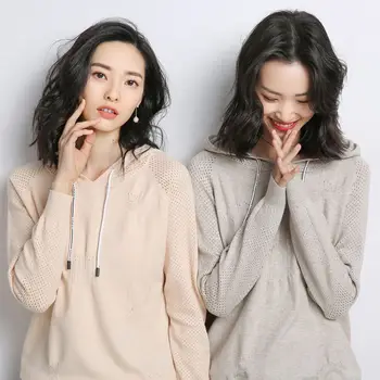 

2019 Spring and summer cashmere sweater thin section knit loose hooded sports Pure color Cashmere knitted pullover