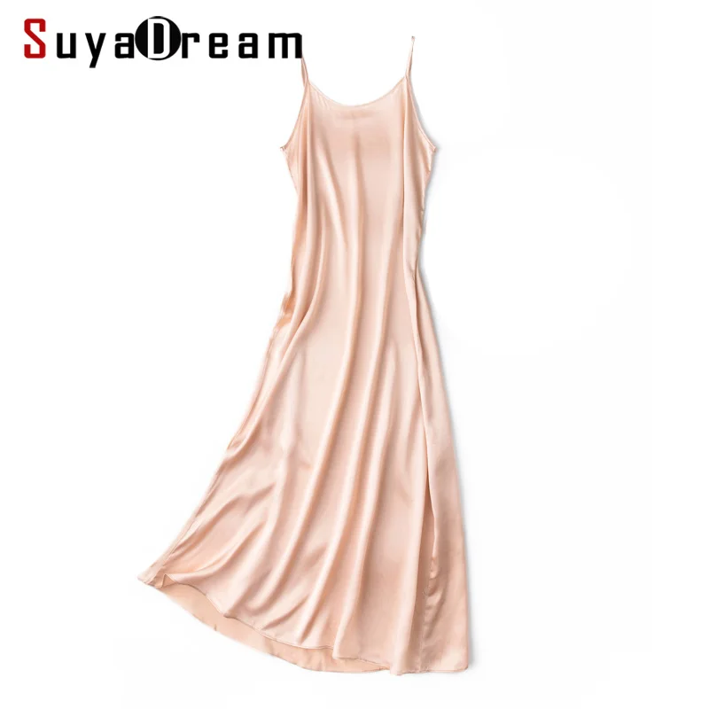 

Women Silk Long Sleepdress 100%REAL SILK Spaghetti Strap Calf-Length Sleep dresses 2019 New Silk Sleepwear Pink