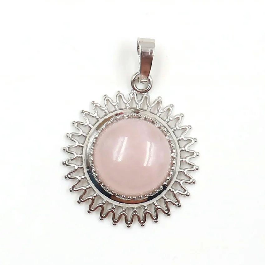 

FYJS Unique Women Jewelry Silver Plated Sun Flower Shape with Natural Rose Pink Quartz Pendant