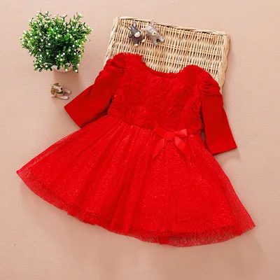 

summer Red Infan Baby Girls Dress For Party Kids Wedding Dress For 1 Year Girl Long sleeve flower Baby Girl ball gown Dress