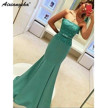 

Elegant Long Eveing Dresses 2019 Strappless Lace Applique Floor Lenth Long Straight Zipper Back Mermaid Formal Evening Dresses