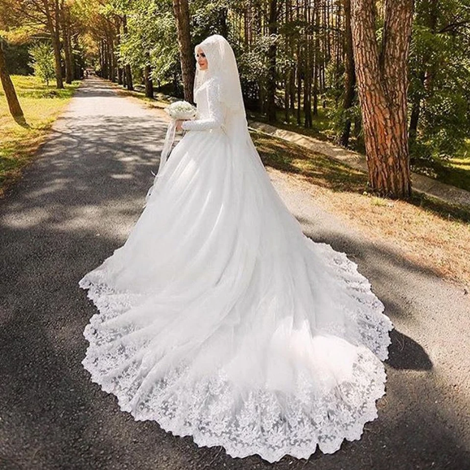 Vestido De Noiva Arabic Muslim Lace Wedding Dress With font b Hijab b font High Neck