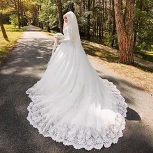 Vestido De Noiva Arabic Muslim Lace Wedding Dress With Hijab High Neck Long Sleeve Custom size White Bride Bridal Gown casamento