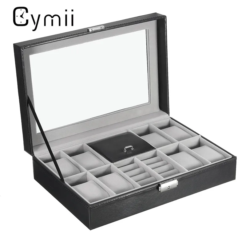 

Cymii 2 In 1 8 Grids+3 Mixed Grids Leather Watch Case Storage Organizer Box Luxury Jewelry Ring Display Watch Boxes Black Hot