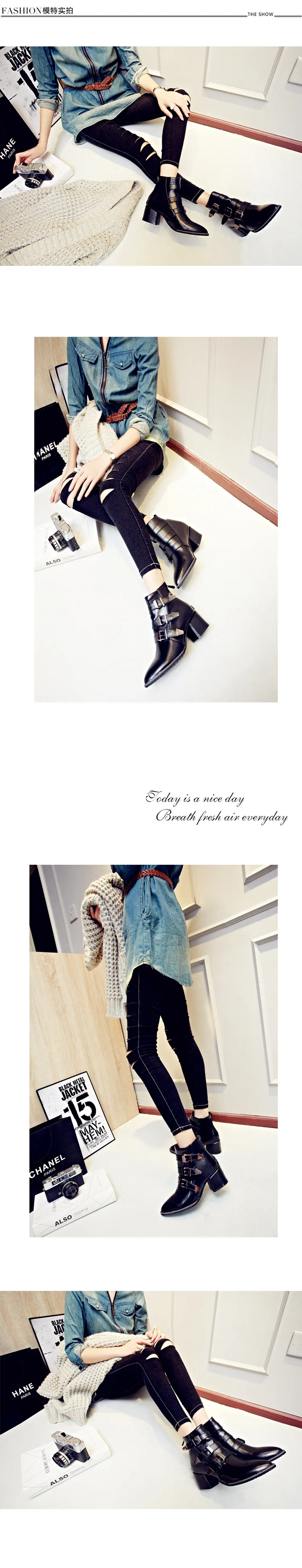 Модные ботильоны с ремешком и пряжкой; красные женские ботинки с острым носком на высоком толстом каблуке; зимняя кожаная обувь; большие женские ботинки; mujer2019; Новинка