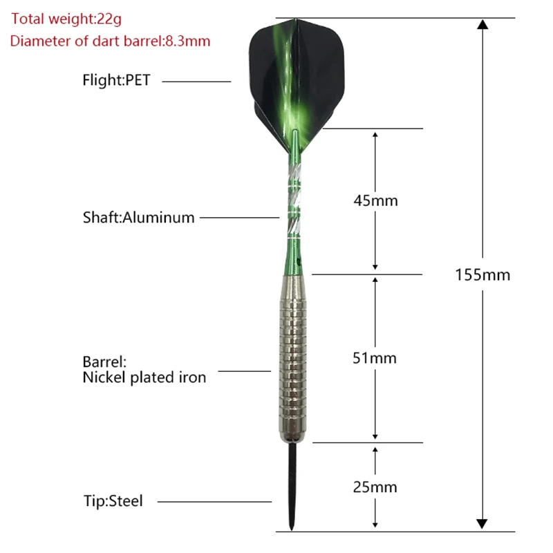 Yernea 3Pcs Steel Pointed Darts Indoor Sports Games 22g Standard Hard Darts Nickel Plated Iron Barrel AL Shafts Aurora Wing