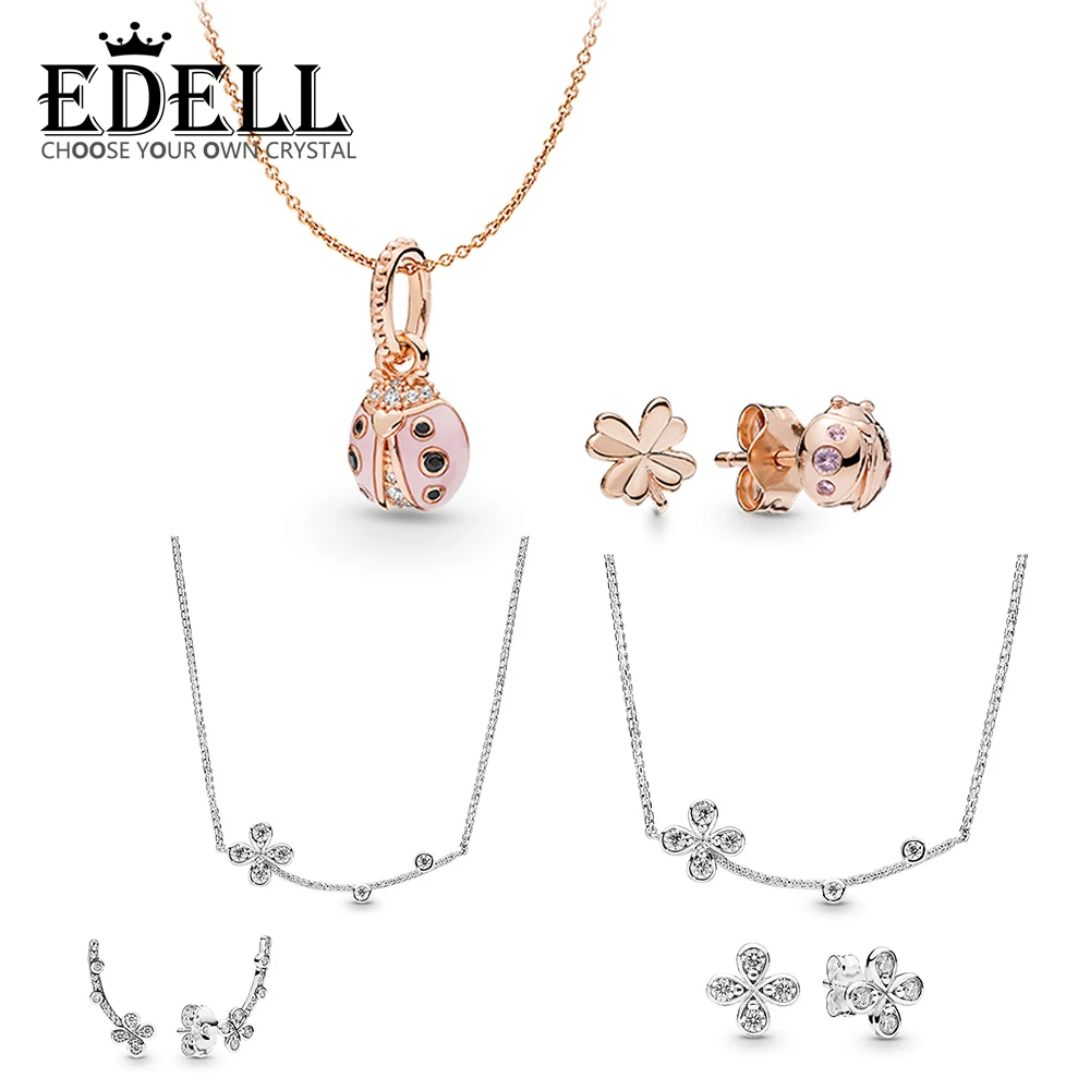

EDELL 100% 925 Sterling Silver FOUR-PETAL EARRING AND NECKLACE SET FOUR PETAL FLOWER Lucky Ladybug Set Necklace Earring Set