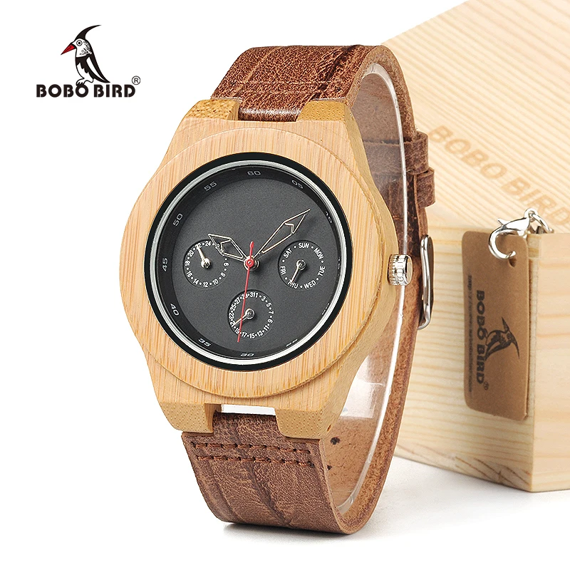 BOBO BIRD H28 Mens Wooden Bamboo Watch with Leather Band 3ATM Water Resistant Wristwatch Timepiece for Mens Womens in Box