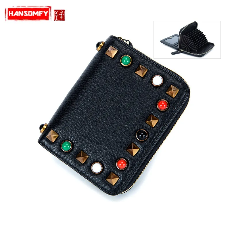 

HANSOMFY Women Wallet female short genuine leather zipper new wallet fashion rivet retro small coin purse cool neutral wallet
