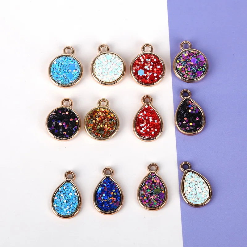 

6pcs/lot Fashion Resin PVC Sequin Round Tear Drop Drusy Charm Pendants for Jewelry Making DIY Necklace Earrings Accessories