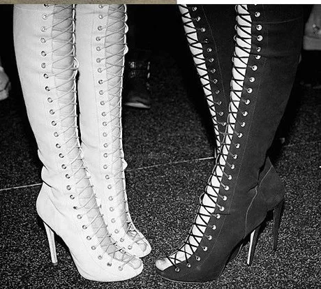 Горячих женщин зашнуровать бедро высокие сапоги вырезы гладиатор сандалии сапоги по колено booty sexy клуб ботинки женщин плюс размер 12 13 - Цвет: as showed color