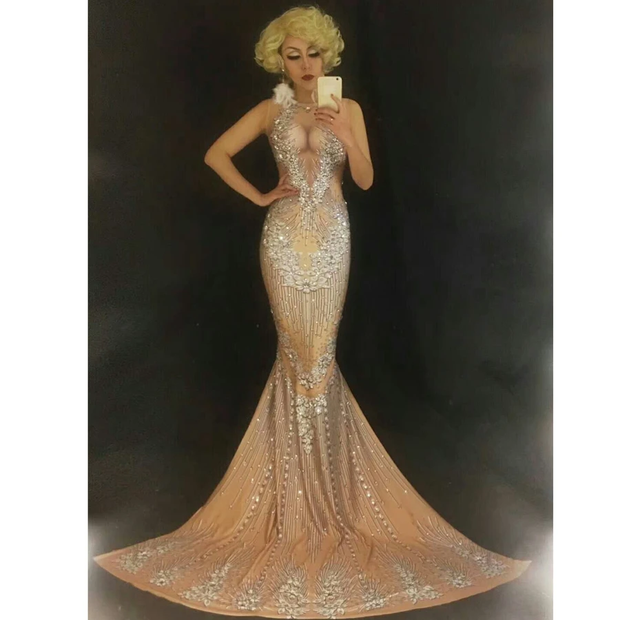 Female Sexy Crystal Mermaid Dress Rhinestone Skinny Dress Party Show Performance Wear Women Dj Sing
