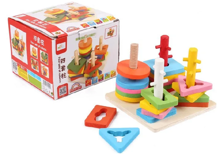 

2015 New Kids Gift Montessori Educational Game Blocks 5 Pillar Matching Color Shape Wooden Geometric Assembling Block Toy W068