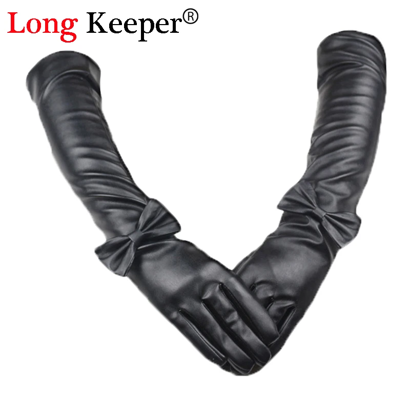 Vintage Ladies' Leather Gloves Full Finger Bowknot Elbow Long Gloves