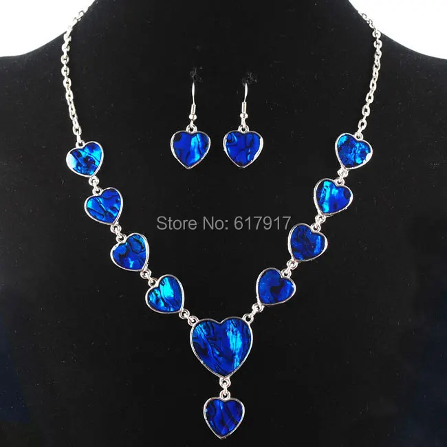 Free shipping Blue New Zealand Abalone Heart Beads Necklace Earrings