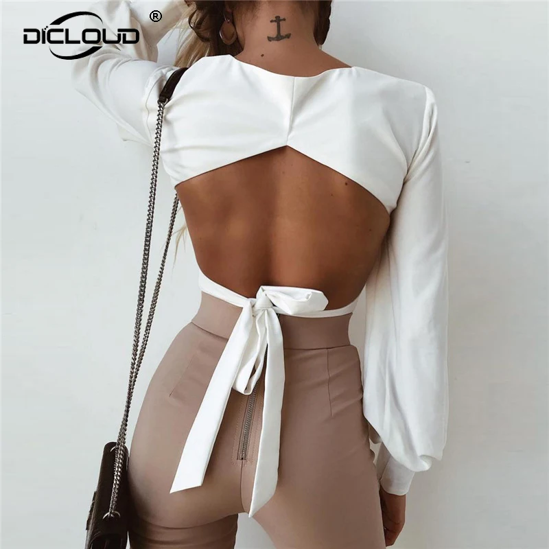 

Vintage Backless Crop Tops Women 2018 Summer Long Sleeve Tee Shirt Femme Sexy Bandage Cropped Top Women Chic Square Neck Tshirts