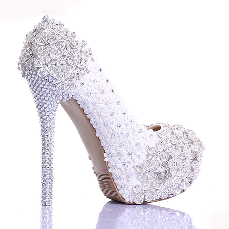 Handgefertigte Luxus Pumpen Schuhe Abend 14cm White Frühling Heel Heels Brautschuhe High 2018 Spitze Neueste 12cm Weiße Prom white 10cm Blume Hochzeit Strass Design Heels Cqfvwqz