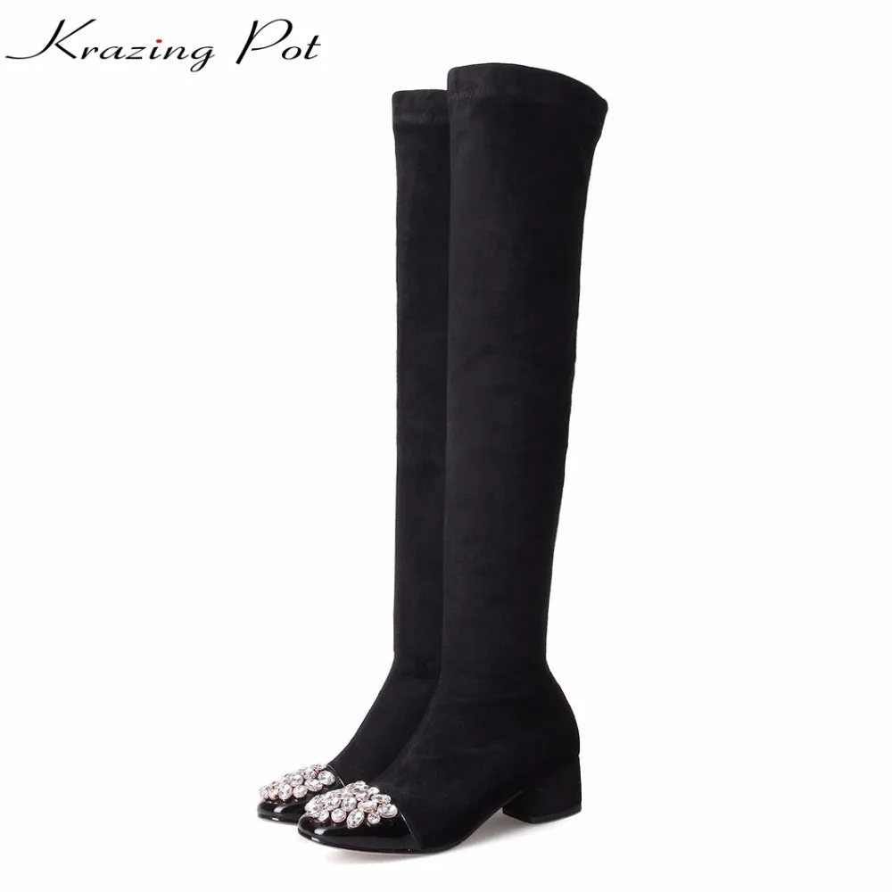 

Krazing pot cow leather plus size crystal stretch knee boots thick heels square toe party superstar winter thigh high boots L93