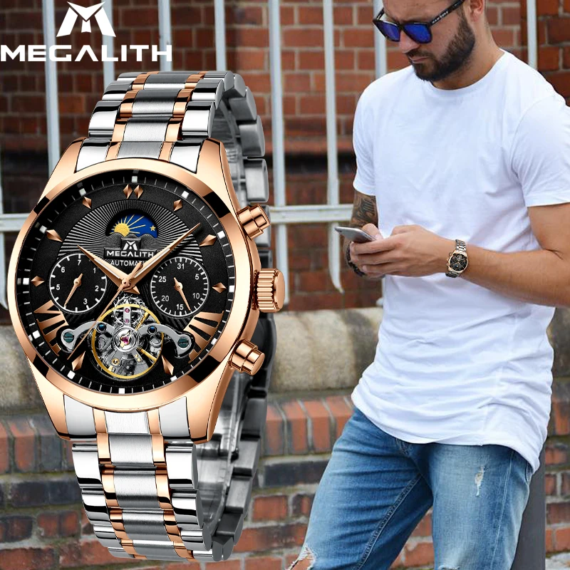

MEGALITH Luxury Watch Tourbillon Automatic Mechanical Men Waterproof Sport Luminous Auto Date Watch Men Casual Wristwatches
