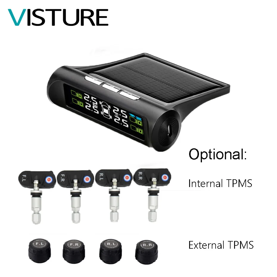 Solar TPMS Tire Pressure Alarm Monitor System Tyre 4 Internal / External Sensor Car Temperature Solar Power Visture T06N T01W