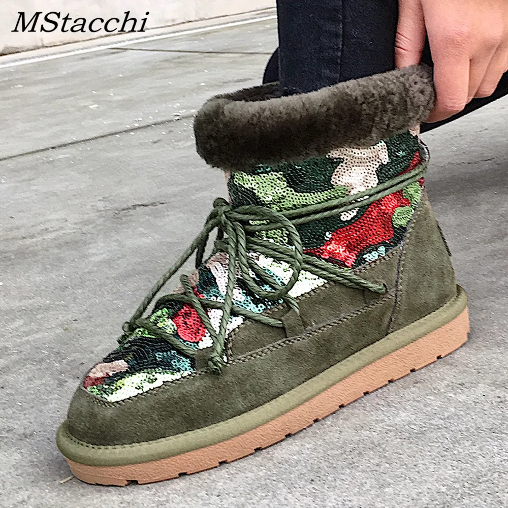 Skup MStacchi 2018 nowe oryginalne skórzane buty śniegowe dla kobiet zimowa ciepła wełna wysokiej jakości botki krowa Suede Slip on Shoes Woman