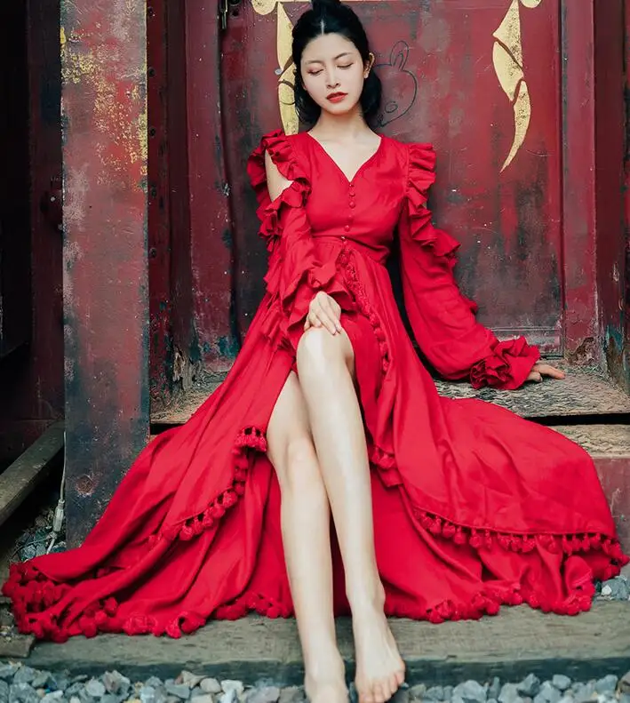 

Free Shipping High Quality 2018 Summer New Arrival Elegant Off Shouder Ruffles Long Sleeve Irregular Woman Cotton Long Dress