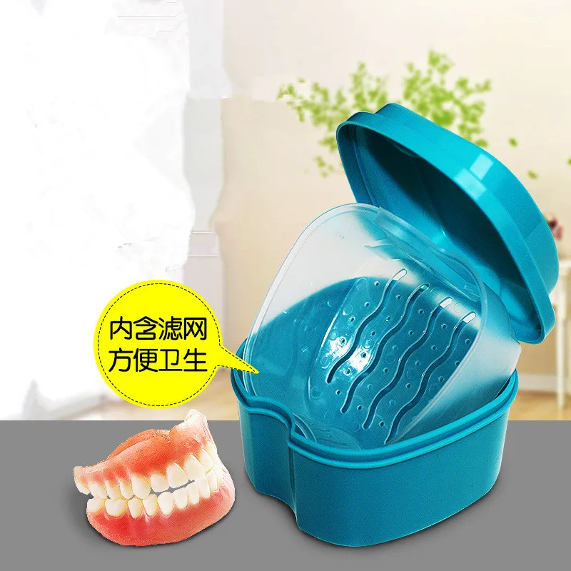 

Denture Bath Box Case Makeup Organizer Dental False Teeth Storage Box with Hanging Net Container Organizer