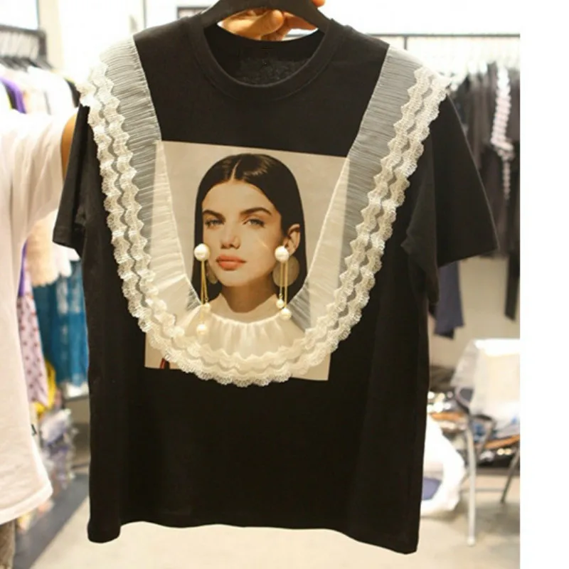 

Neploe Girl Pattern Beading Women T Shirts Casual Lace O-Neck Short Sleeve Tees Korean Cotton Ladies Tops 43879