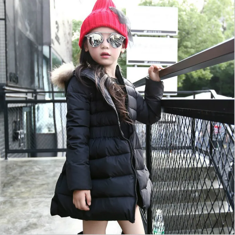 Зимние пуховики для девочек Длинные куртки с капюшоном с меховым воротником детская одежда Изящная верхняя одежда 90% пуховик с рисунком белой уточки и парка