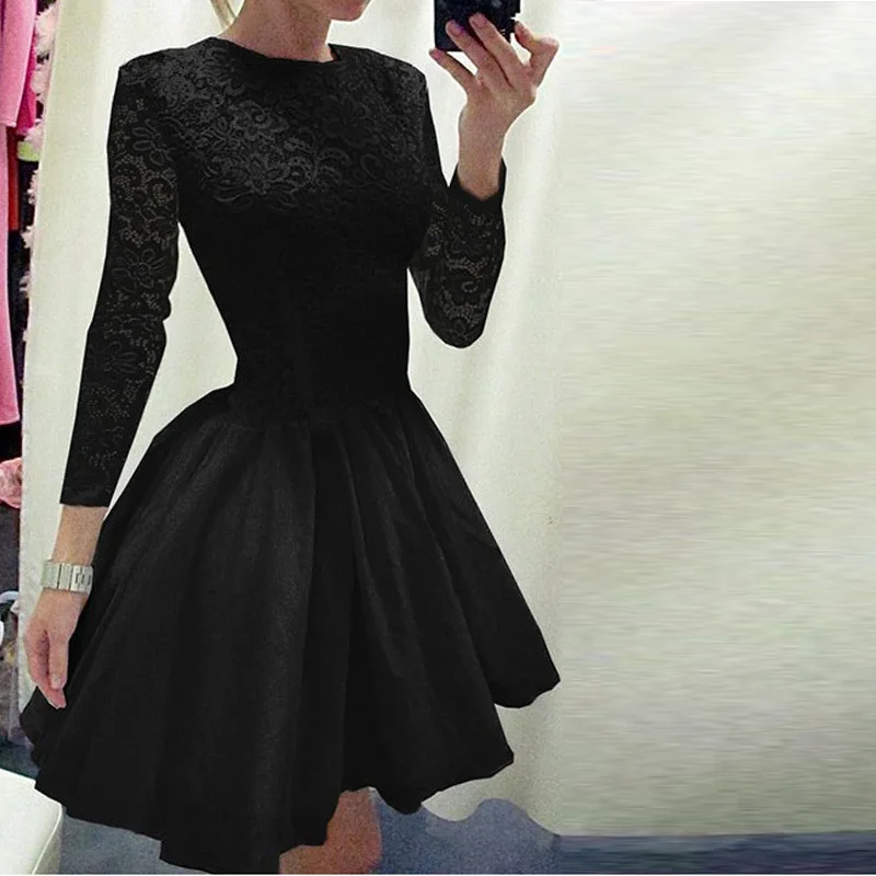 

Women Elegant Dress Casual Cute Long Sleeve Lace Patchwork Dress A-Line Pleated Dress O neck Zipper