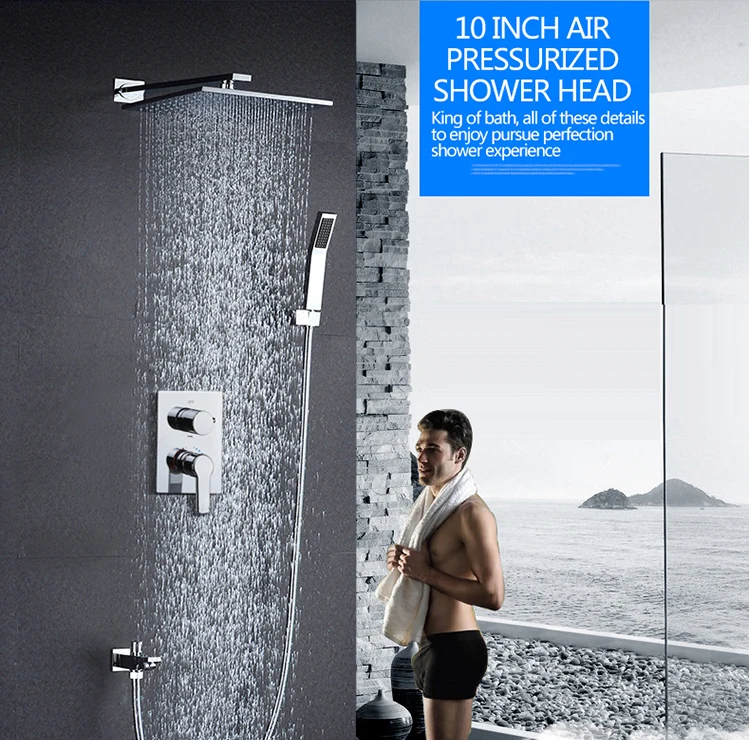 10 Inch Air Shower Head Set Booster Saving Water Concealed Wall Mounted Box Shower Kit  Rainfall Brass Bath &Shower Faucets (1)