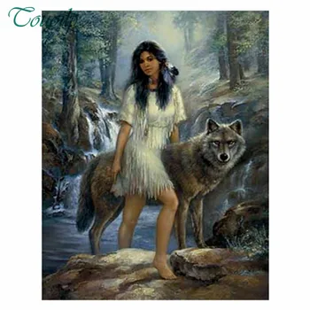 

5d,DIY Diamond Painting Cross Stitch indians woman and Wolf Needlework Square Diamond Embroidery Home Decoration Mosaic Kits