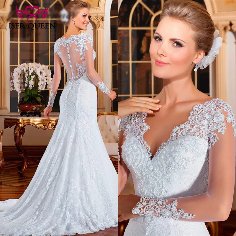 

Embroidery Appliques Vintage Mermaid Wedding Dress Pearls Beading Beautiful New Pure white Bridal Wedding Gowns W0021