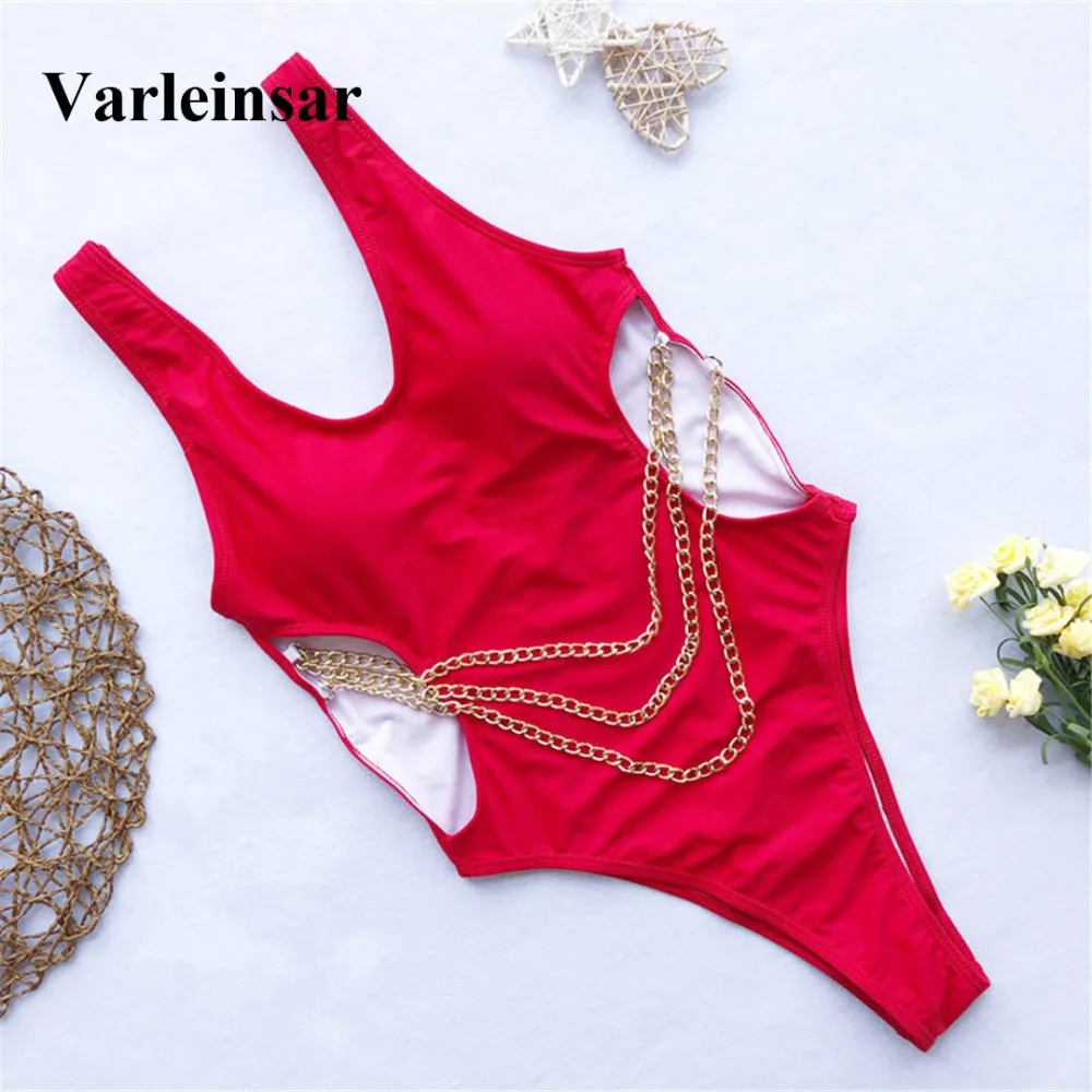 

NEW 2019 Women Swimwear With Metal Chain Sexy Cut Out One Piece Swimsuit Female Bather V Neck Bathing Suit Swim V1413