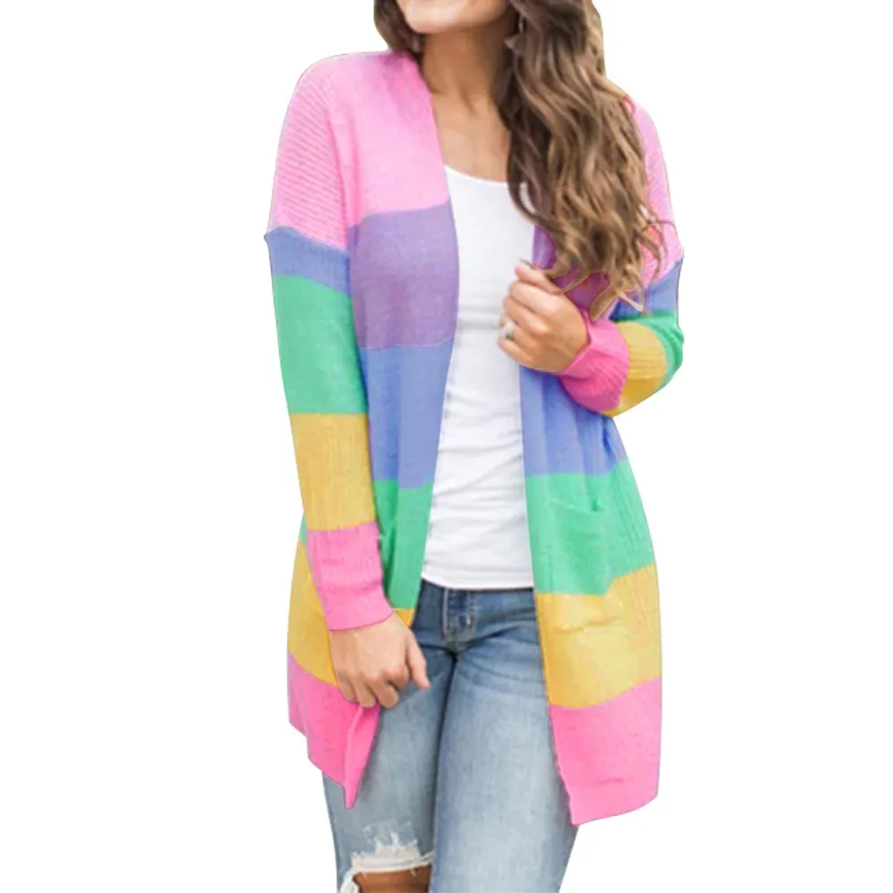 Women Winter Long Sleeve Rainbow Striped Cardigan Tops Knit Sweater Coats Jacket