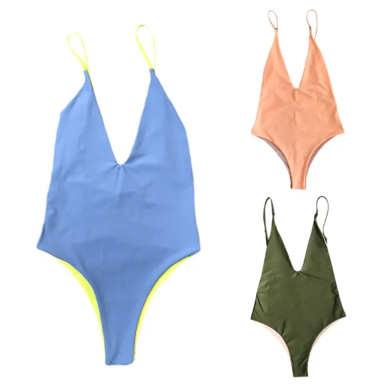 

Womens Sexy One Piece Bikini Color Block Reversible Monokini Plunging Deep V-Neck Backless High Cut Unpadded Swimwear Bathing