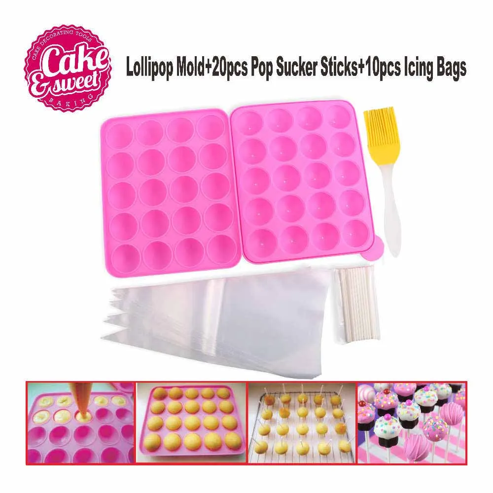 

32pcs/set Eco-Friendly Silicone Cake Pop mold Lollipop Mold and Icing Bags Set 20 Holes Mould Cupcake Chocolate DIY Baking Tray