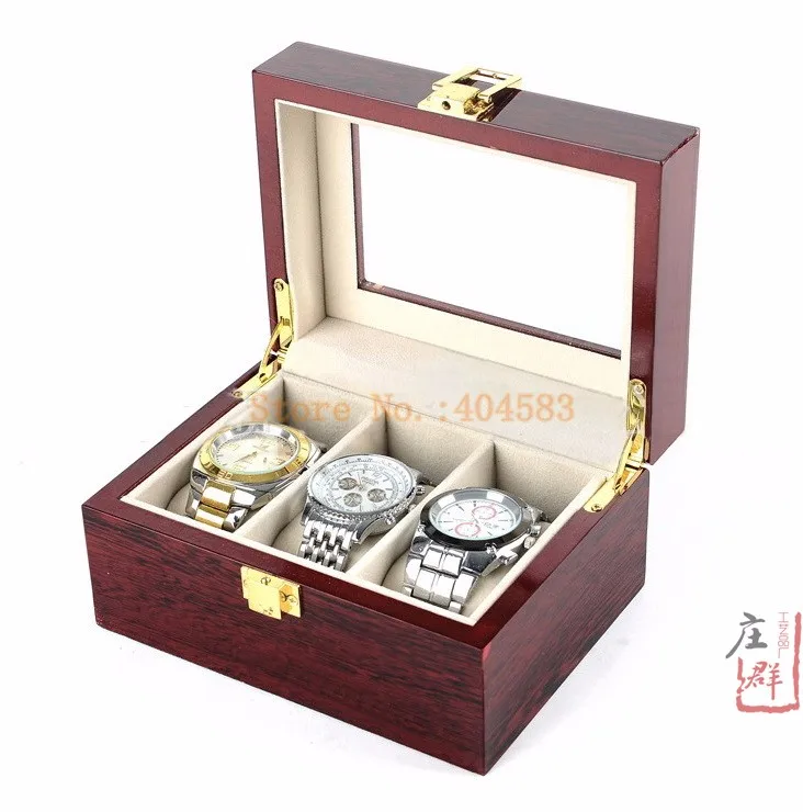 

Glass Lid 3 Slots Luxury Cherry Wooden Lacquered Gift Wrap Box For Watch