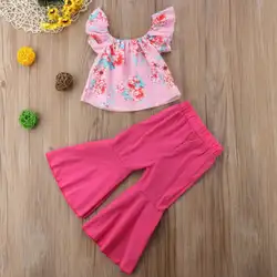 Дети для маленьких девочек Футболка с цветочным принтом топы расклешенные длинные брюки одежда комплект для малышей летние хлопковые